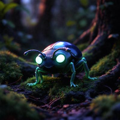The primary subject of the image is a green and blue bug, possibly a grasshopper or a similar insect, standing in a forest. The setting is a forest with trees and moss, creating a natural and serene atmosphere. The visual style of the image is digital art, as it appears to be a computer-generated or digitally edited image. The colors and mood of the image are vibrant and lively, with the green and blue colors of the bug contrasting with the natural forest elements.